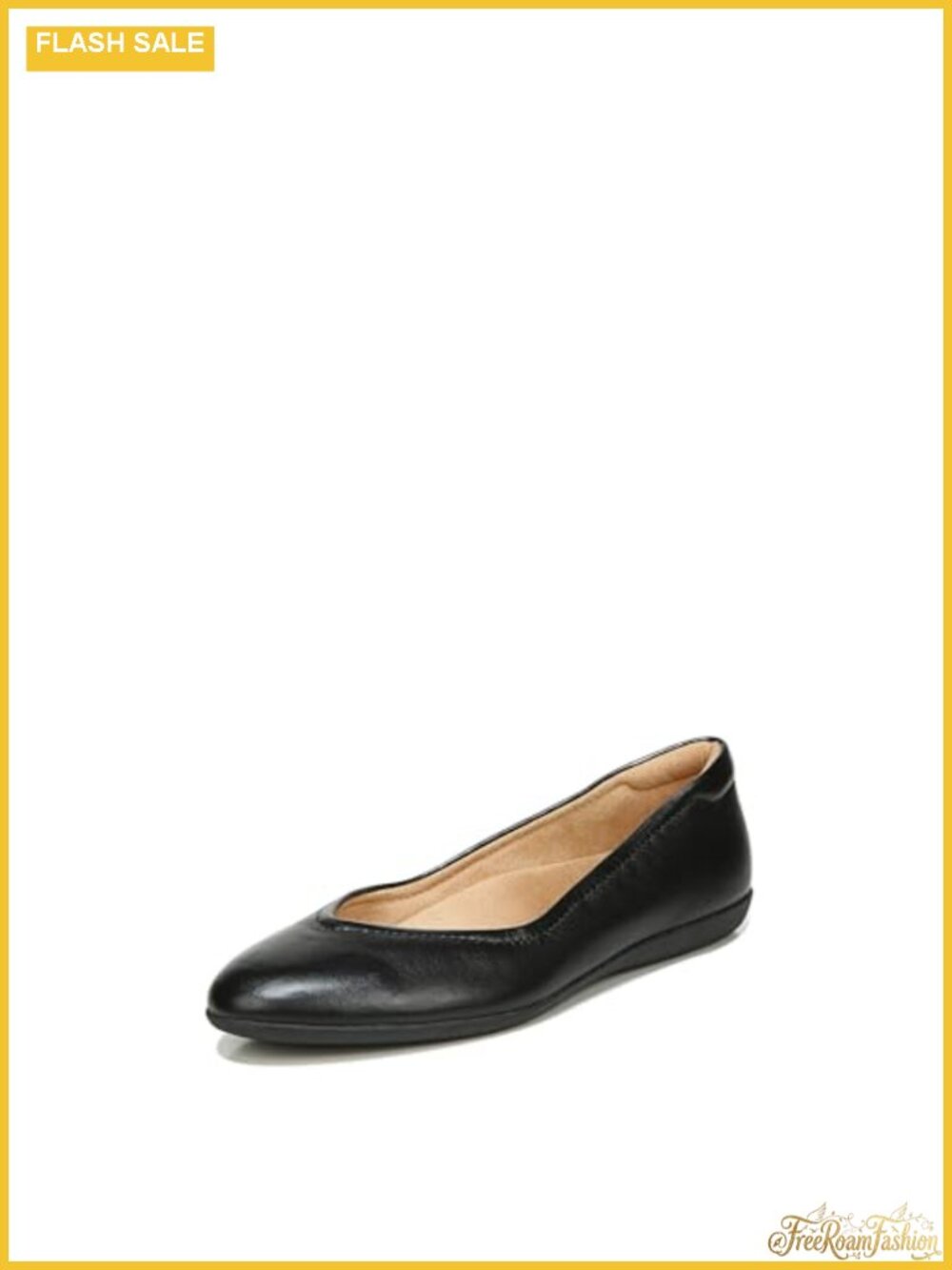 Black leather ballet flat with non-slip sole, round toe, slip-on